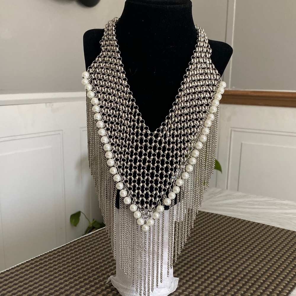 Pearl-Trim Silver Fringe Statement Necklace - Women Jewelry